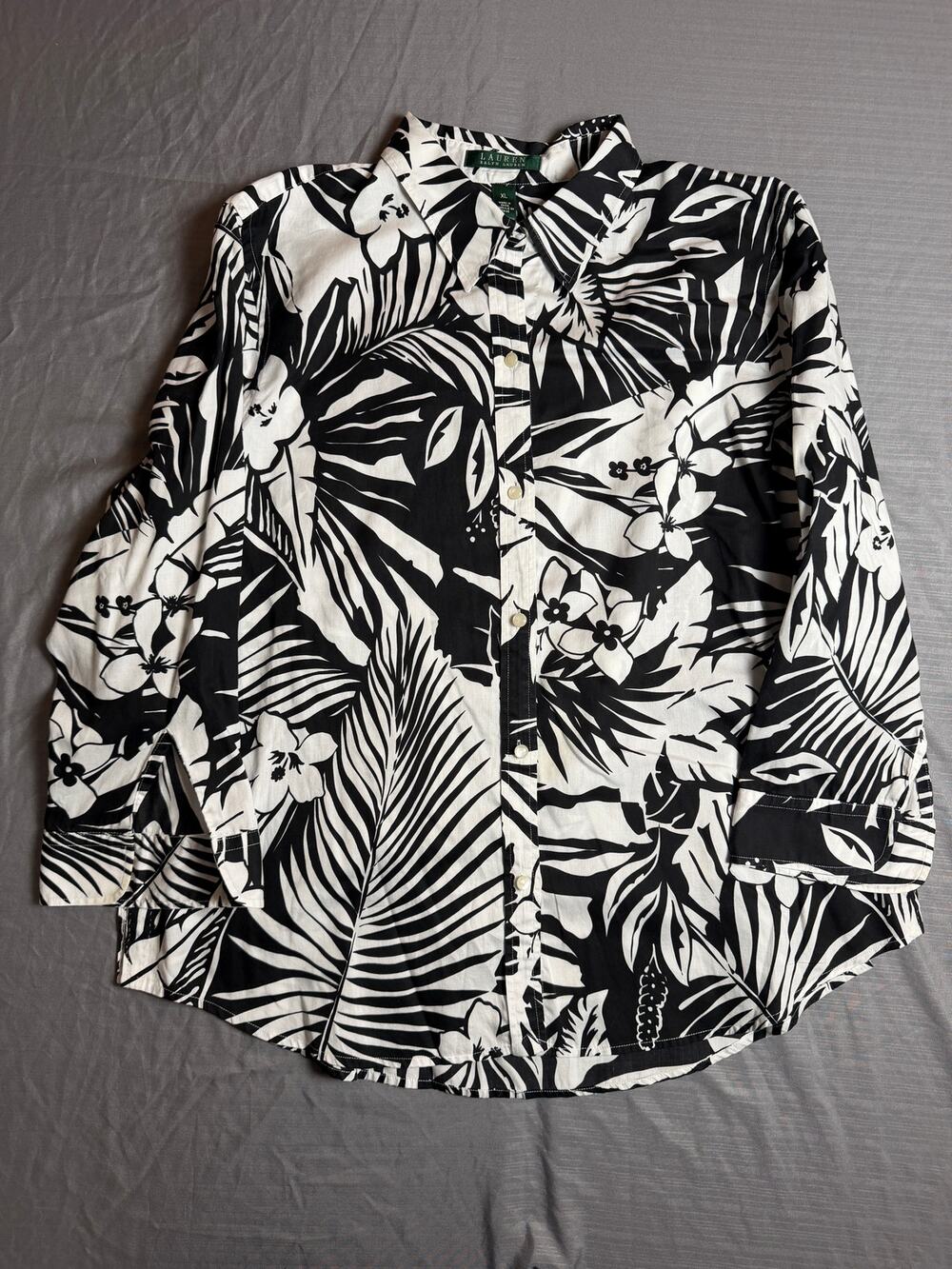 Lauren Ralph Lauren Black White Tropical Floral 100% Cotton Shirt Womens XL 3/4